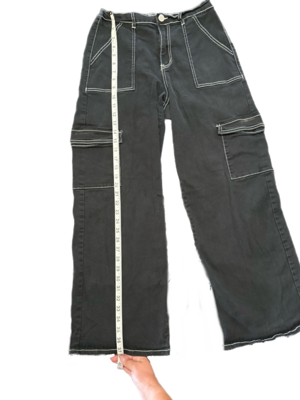 Forever 21 Black Cargo Pants with White Contrast Stitching Size L - Picture 7 of 13